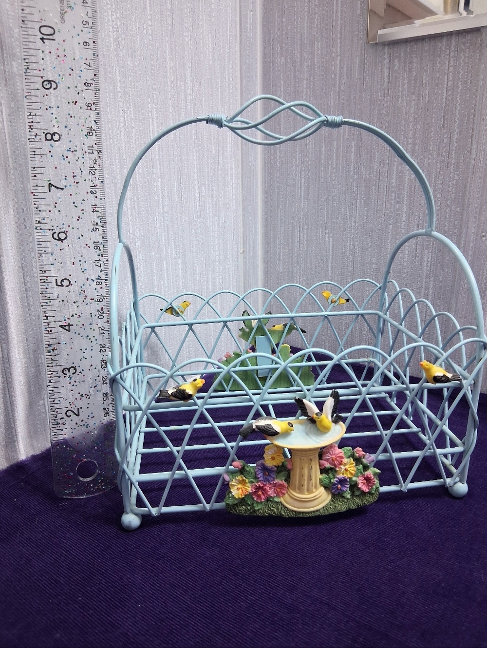 Vintage Whimsical Birdbath Basket With Bird Decorations Light Blue Metal - Picture 10 of 12